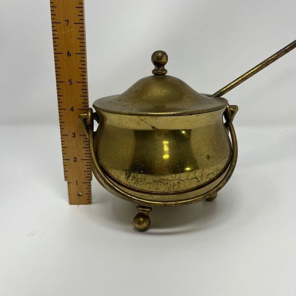 Vintage Solid Brass 3 Footed Fireplace Smudge Pot with Lid - Picture 7 of 8